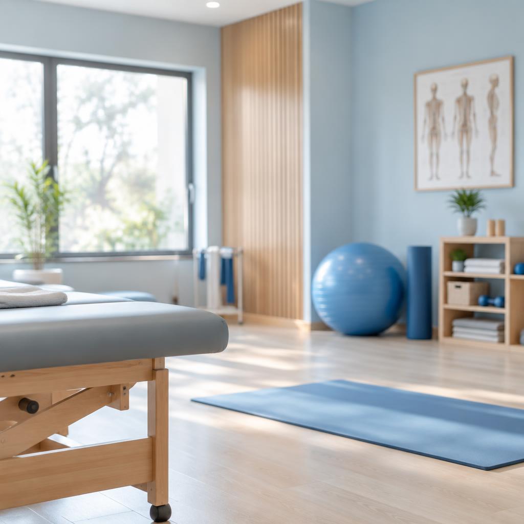 Calm rehabilitation clinic room with an exercise mat, therapy ball and daylight